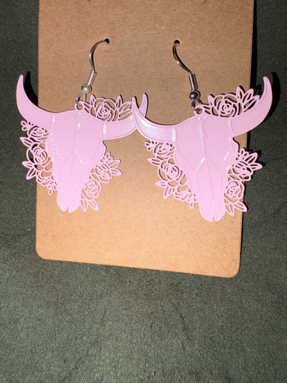 Pink Floral Bull Skull Dangle Earrings - Women Jewelry